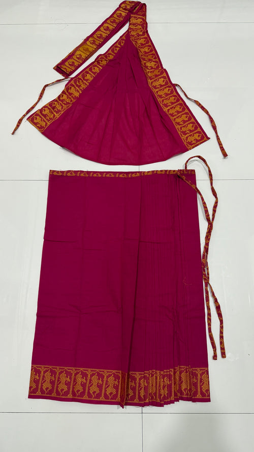 Nitya Jyothi ready-to-wear dance practice saree set in magenta with a mustard-gold dancer-motif border, pre-pleated skirt and matching drape
