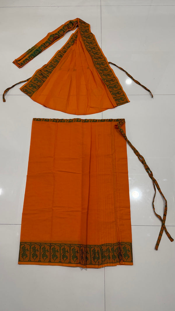Nitya Jyothi ready-to-wear dance practice saree set in orange with a green dancer-motif border, pre-pleated skirt and matching drape