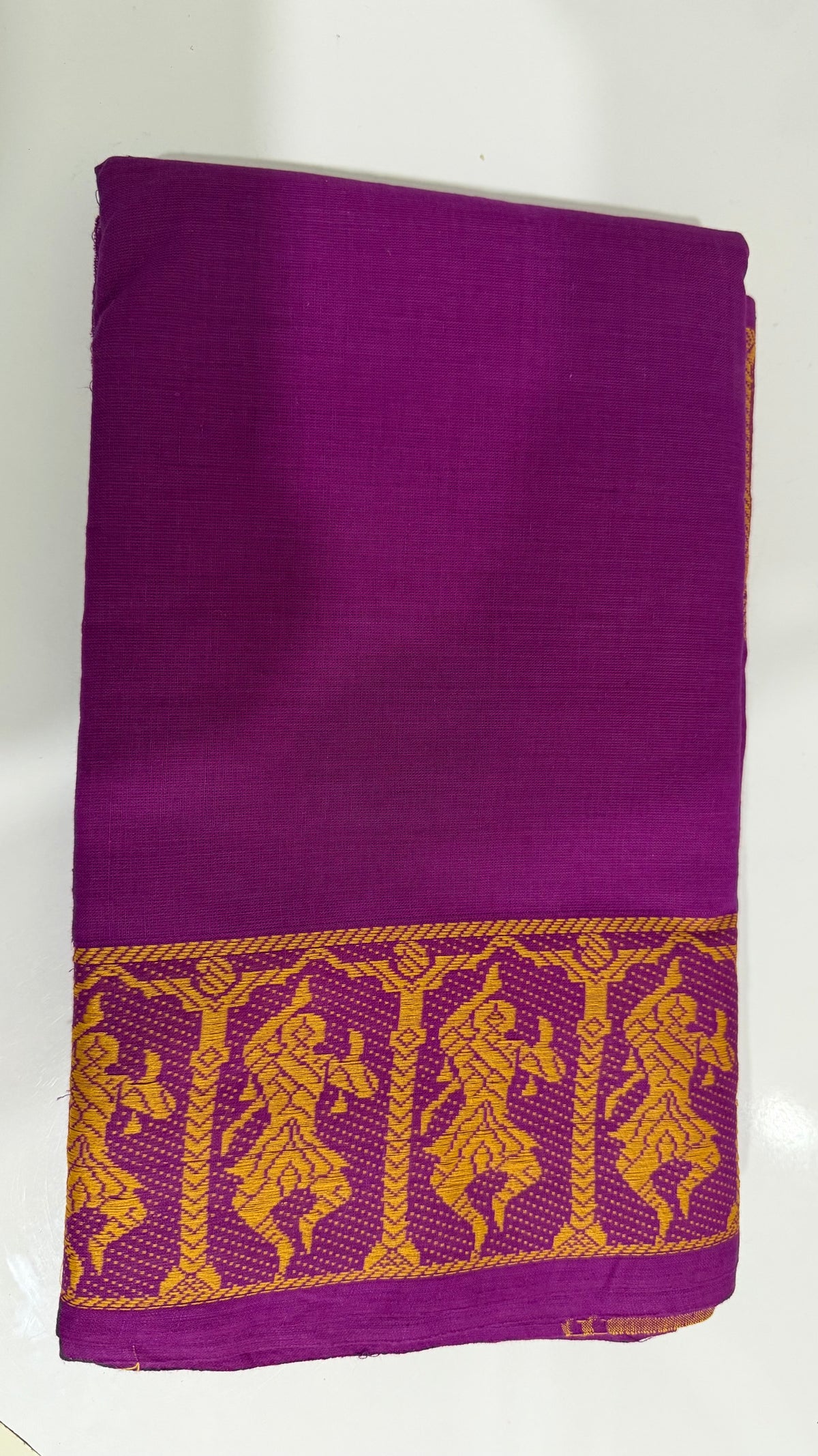 Nitya Jyothi unstitched Kuchipudi dance practice saree in purple with a mustard-gold woven dancer-motif border