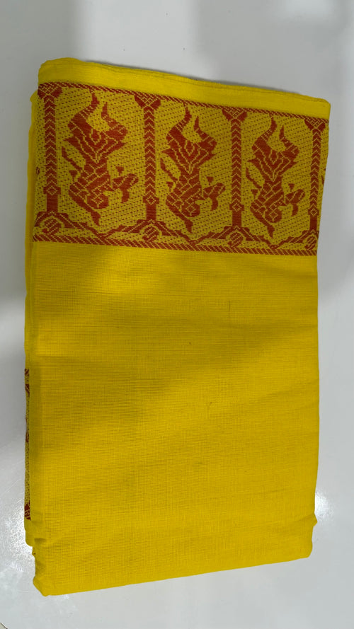 Nitya Jyothi unstitched Kuchipudi dance practice saree in yellow with a rust-red woven dancer-motif border