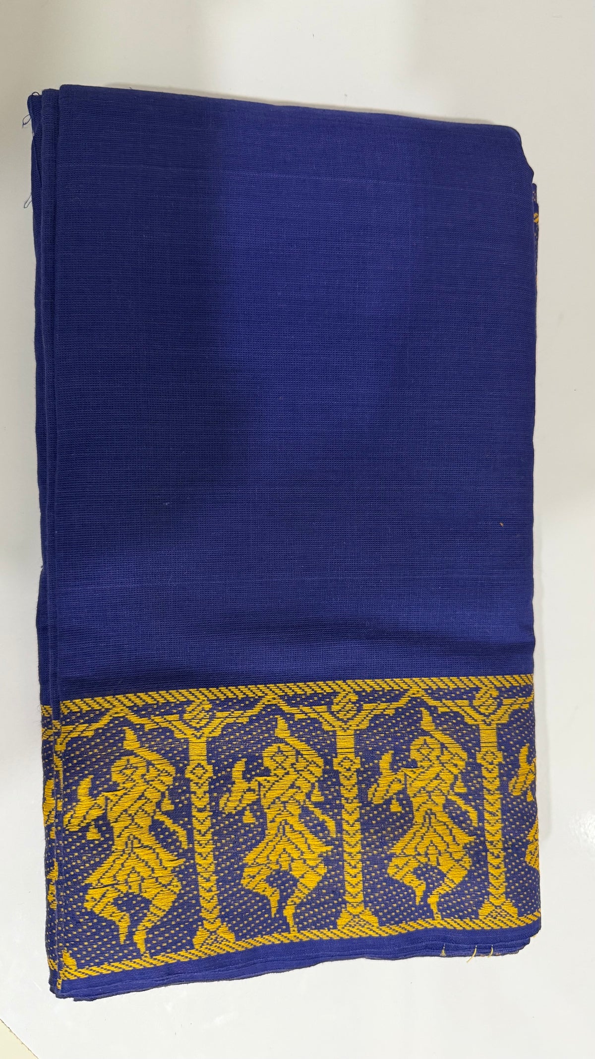 Nitya Jyothi unstitched Kuchipudi dance practice saree in royal blue with a yellow woven dancer-motif border